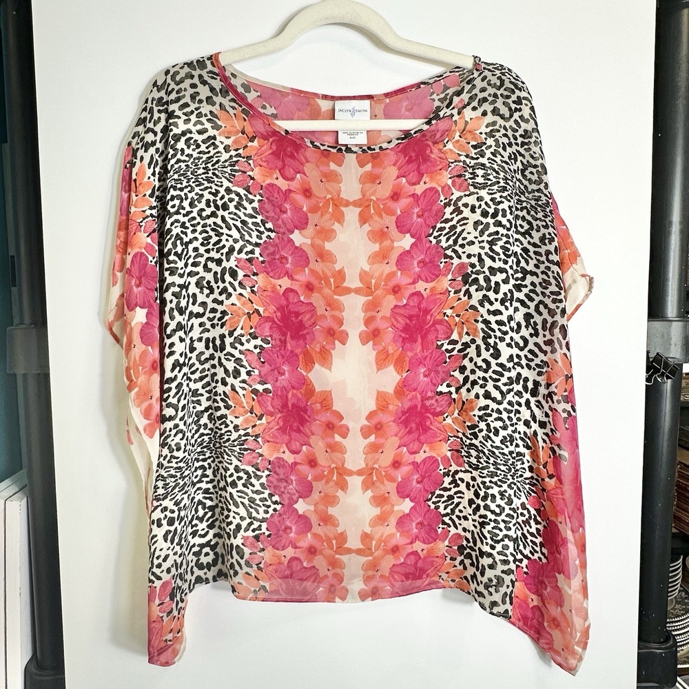 Jaclyn Smith‎ Womens Sz S Floral Leopard Kimono Sheer Blouse Top Flowy Oversized